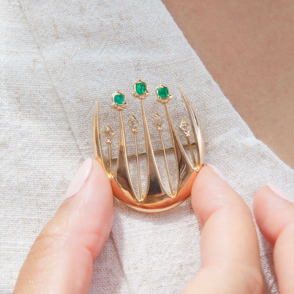 Fernie Art Deco Handmade Emerald Diamond Brooch 15ct Gold Brooches Imperial Jewellery 