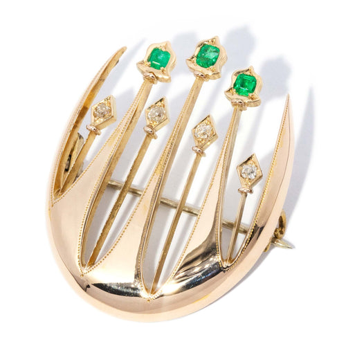 Fernie Art Deco Emerald & Diamond Brooch 15K Yellow Gold
