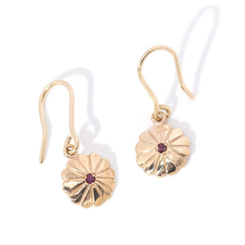 Vintage Circa 1960s Ruby Flower Hook Earrings 9 Carat Gold