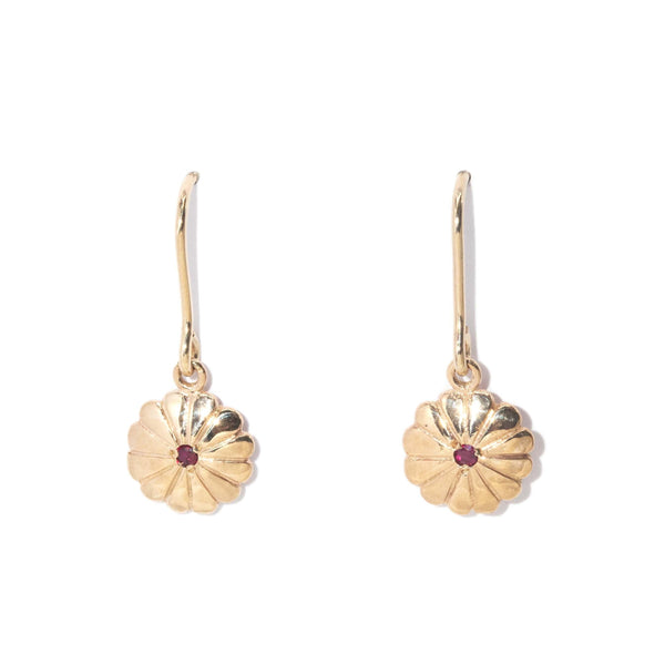 Vintage Circa 1960s Ruby Flower Hook Earrings 9 Carat Gold