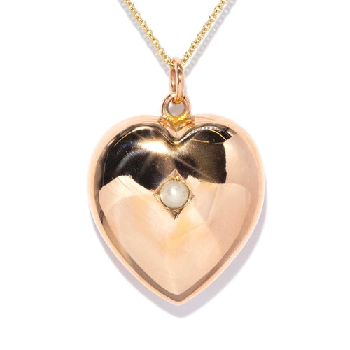 Fleur Edwardian Seed Pearl Puffy Heart Pendant 9K Rose Gold