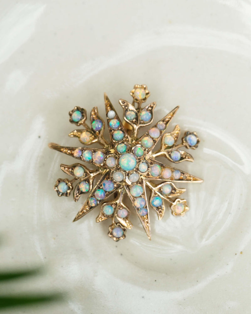 Edwardian Antique Crystal Opal Star Pendant Brooch 15 Carat Gold