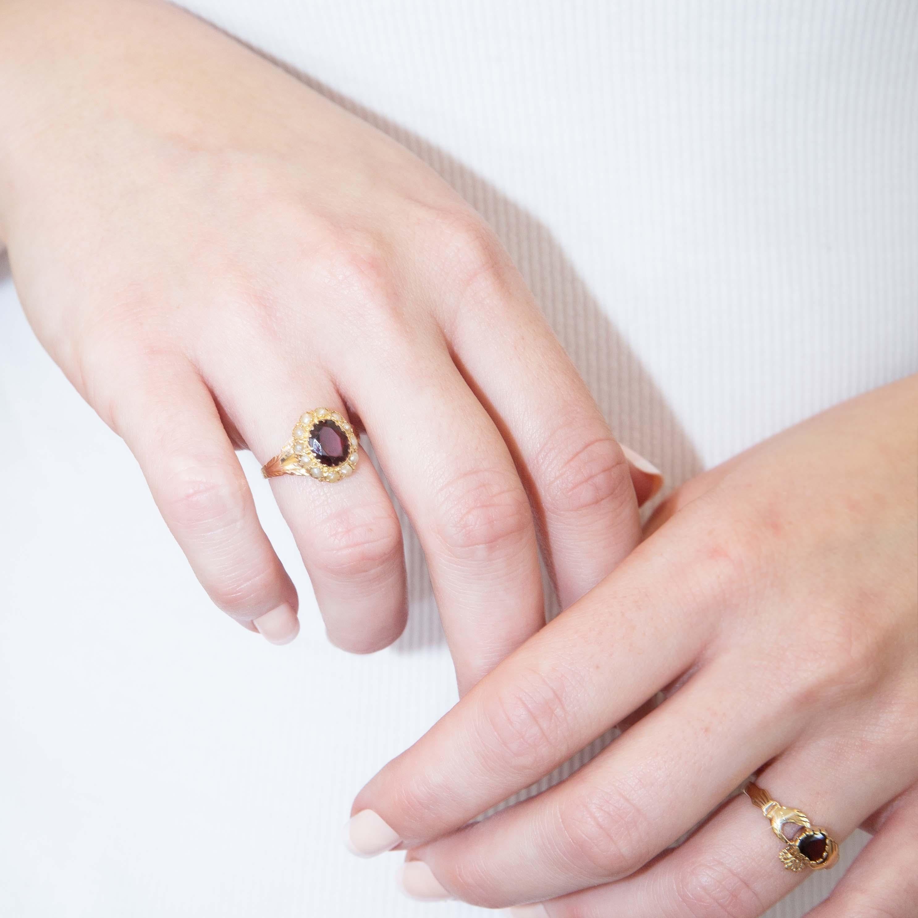 Antique 1912 Garnet & Seed Pearl Ring 9 Carat Yellow Gold
