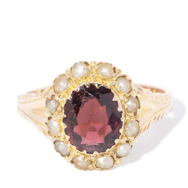 Antique 1912 Garnet & Seed Pearl Ring 9 Carat Yellow Gold