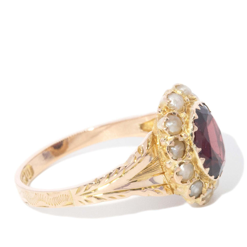 Antique 1912 Garnet & Seed Pearl Ring 9 Carat Yellow Gold