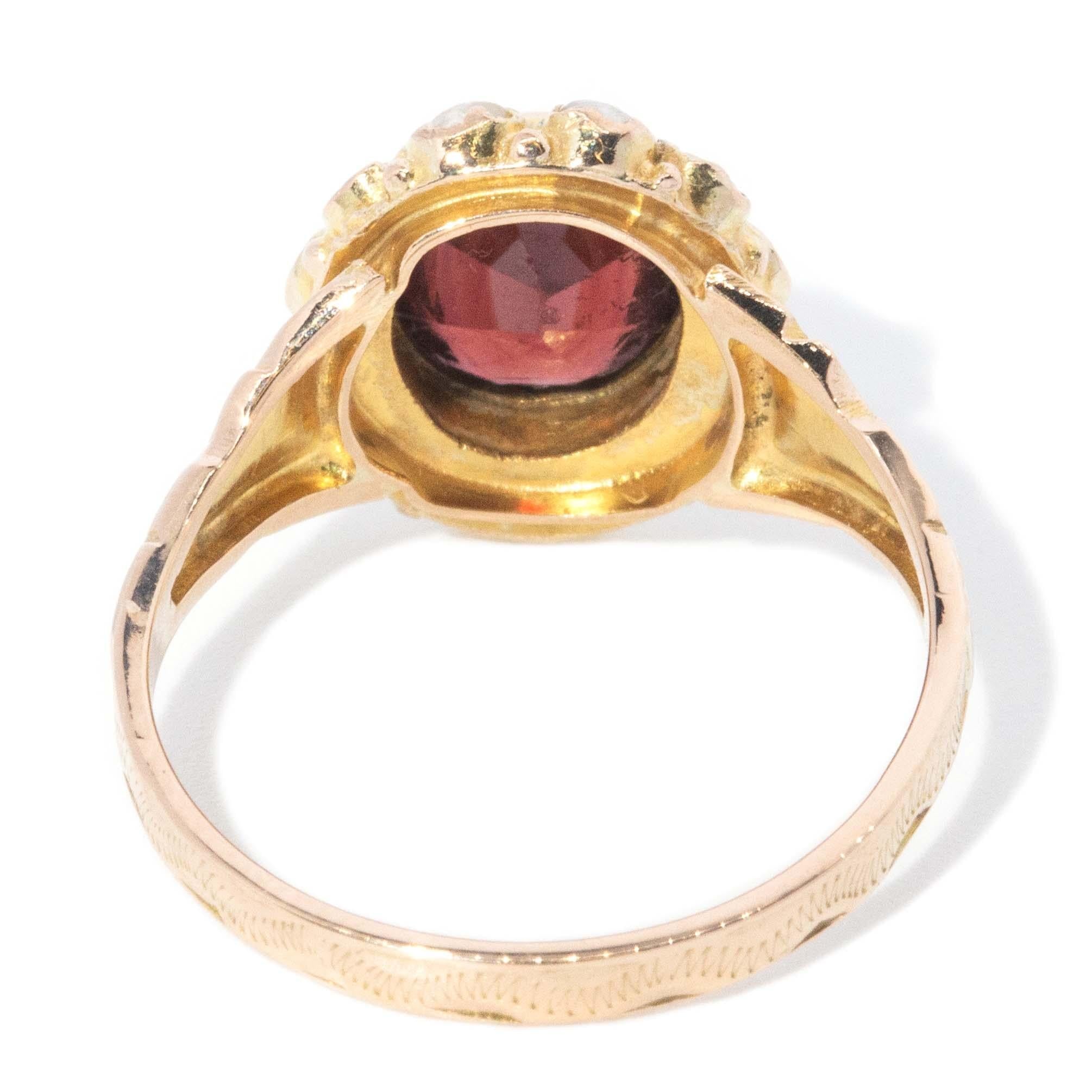 Antique 1912 Garnet & Seed Pearl Ring 9 Carat Yellow Gold