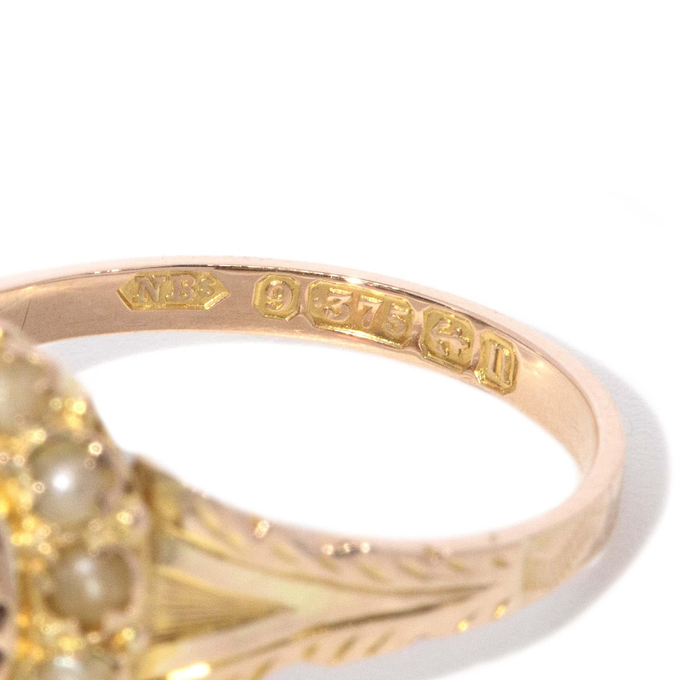 Antique 1912 Garnet & Seed Pearl Ring 9 Carat Yellow Gold