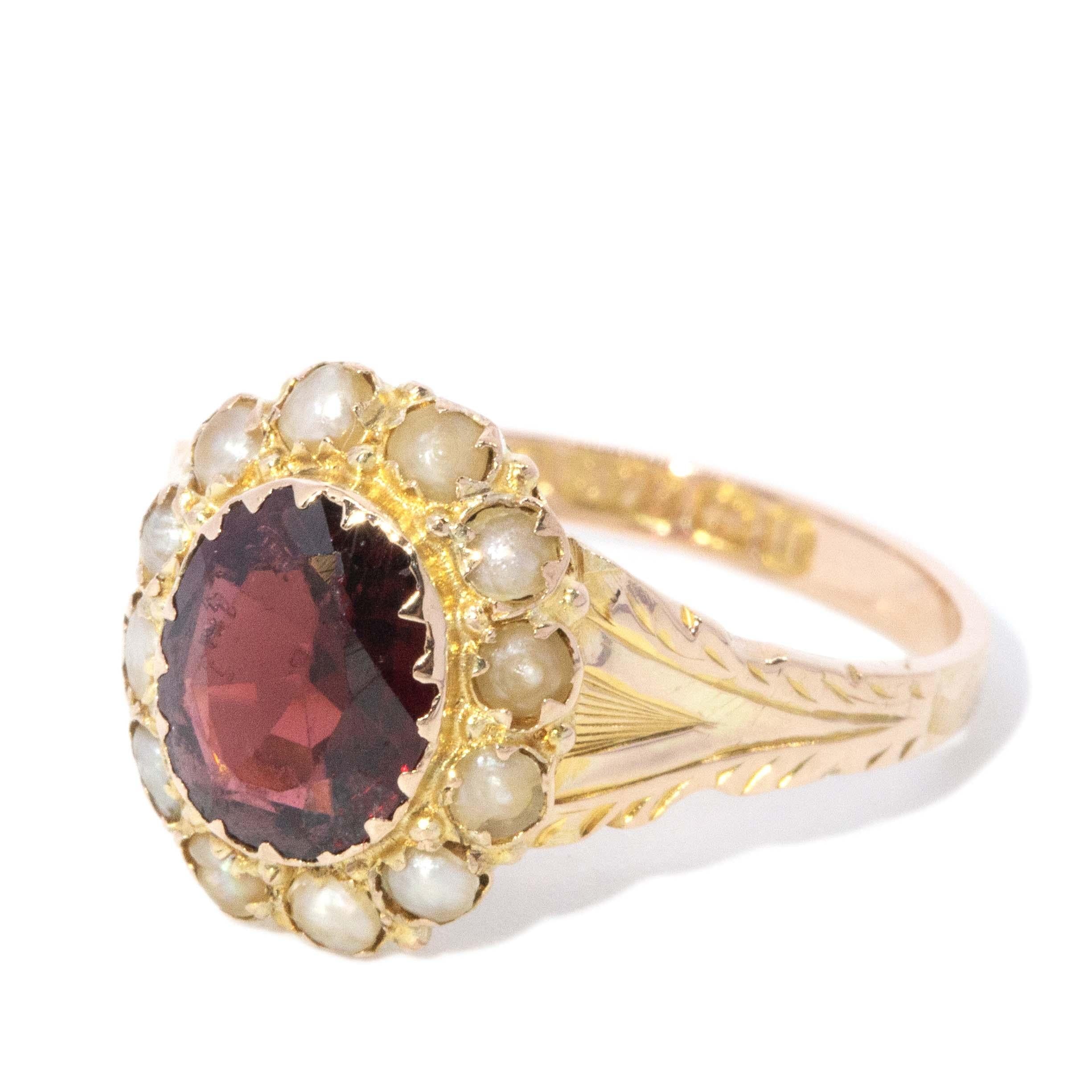 Antique 1912 Garnet & Seed Pearl Ring 9 Carat Yellow Gold