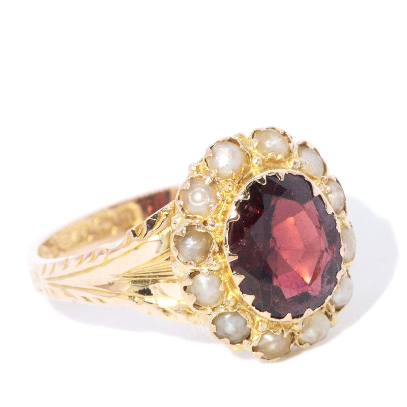 Antique 1912 Garnet & Seed Pearl Ring 9 Carat Yellow Gold