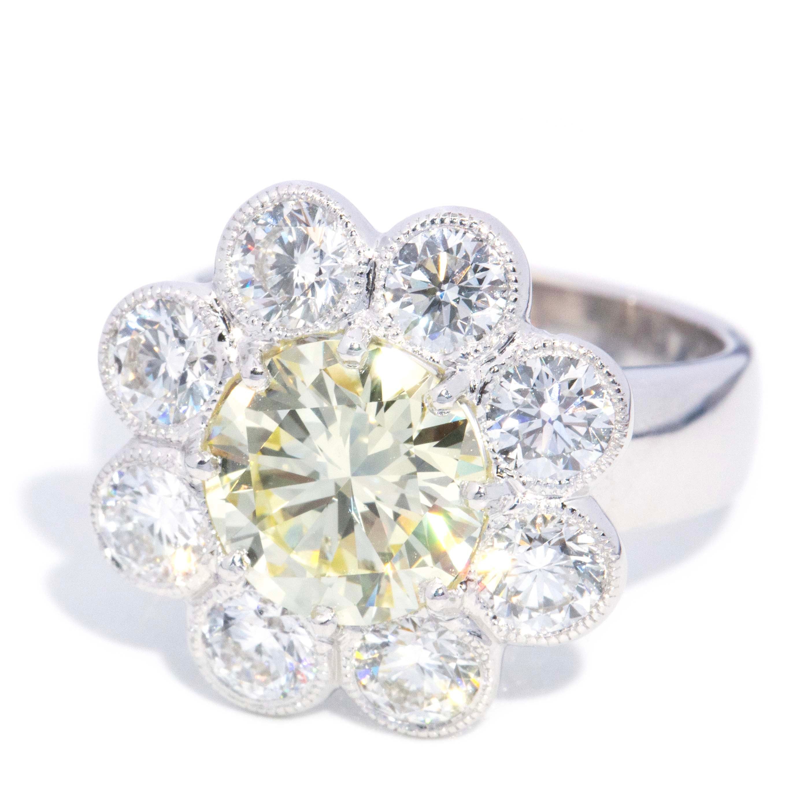 Flora Yellow & White Diamond Flower Ring 18ct White Gold Rings Imperial Jewellery 