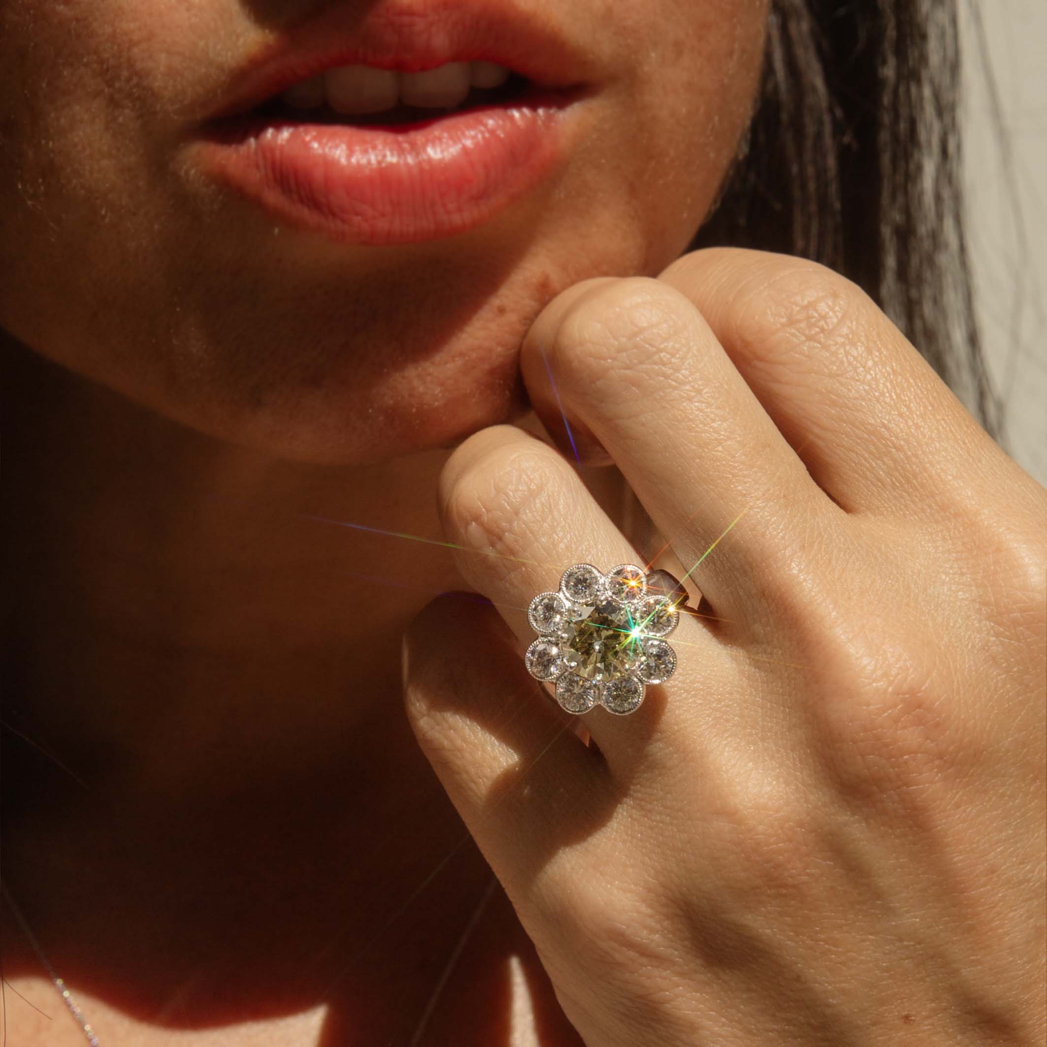 Flora Yellow & White Diamond Flower Ring 18ct White Gold Rings Imperial Jewellery 
