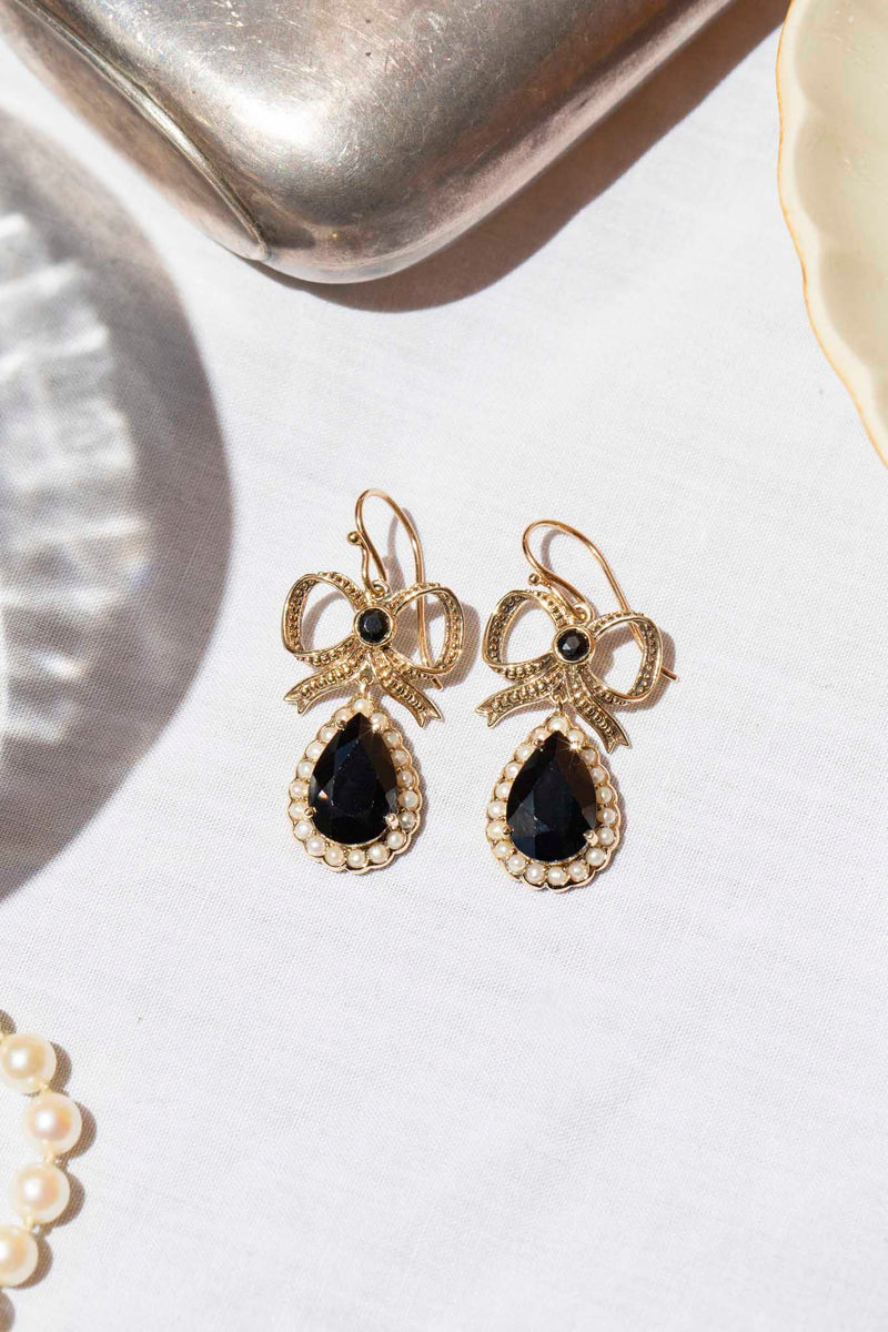 Florence Black Onyx Bow Style Drop Earrings 9ct Gold Earrings Imperial Jewellery 