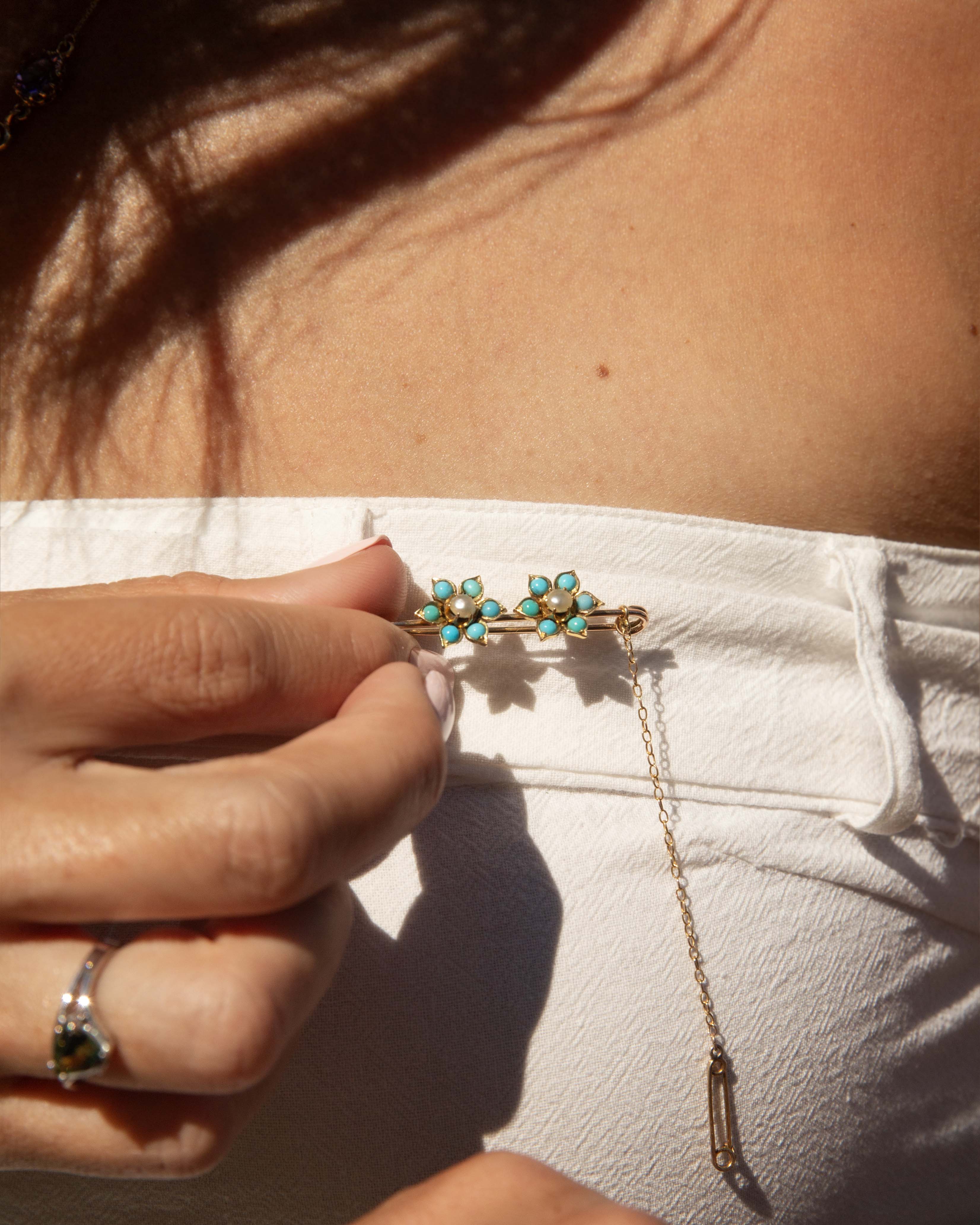 Floris Seed Edwardian Pearl & Turquoise Twin Flower Brooch 14ct Gold Brooches Imperial Jewellery 