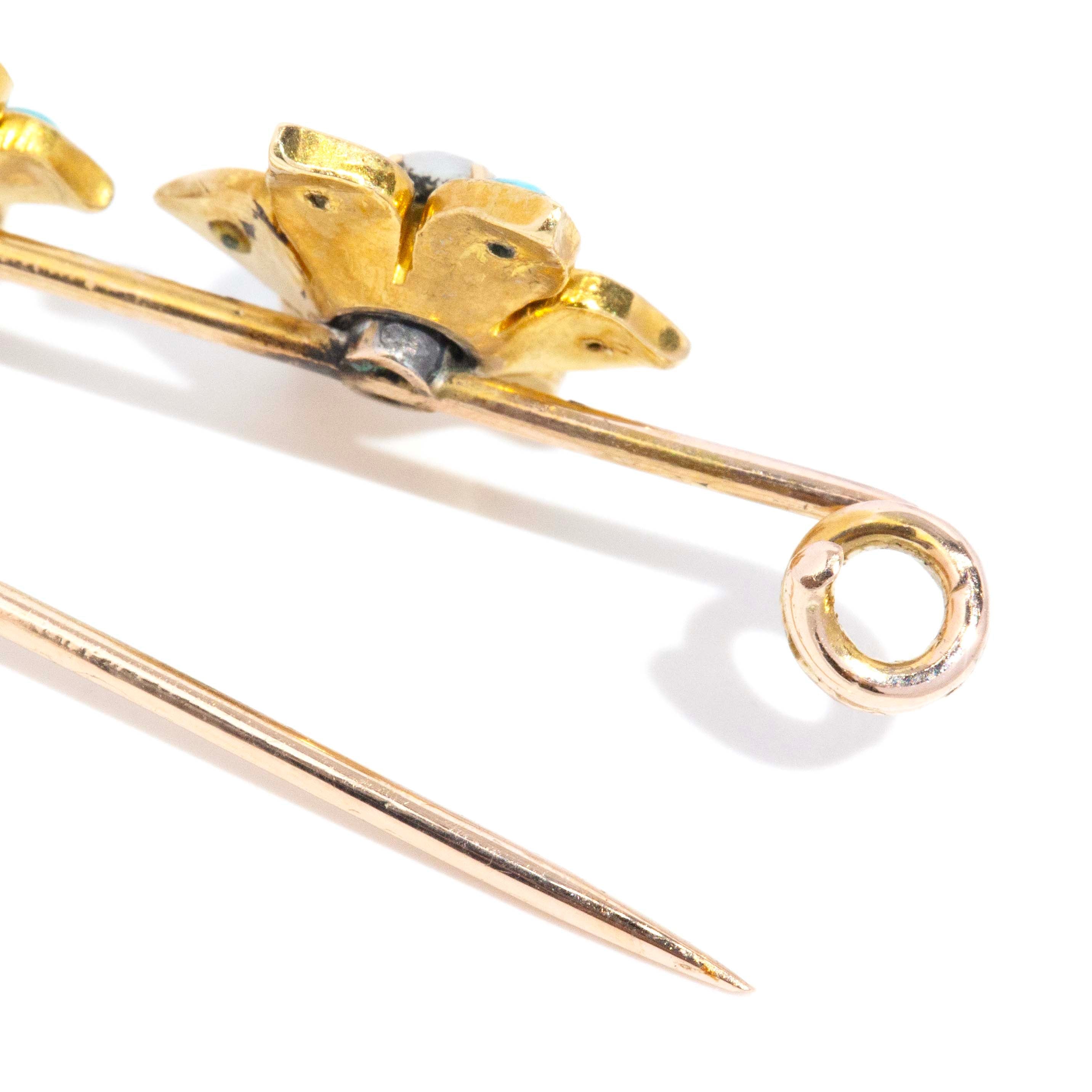 Floris Seed Edwardian Pearl & Turquoise Twin Flower Brooch 14ct Gold Brooches Imperial Jewellery 