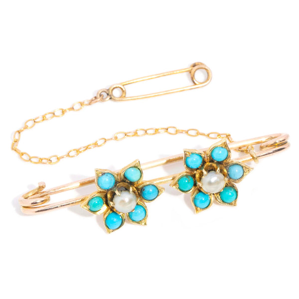 Floris Seed Edwardian Pearl & Turquoise Twin Flower Brooch 14ct Gold Brooches Imperial Jewellery 