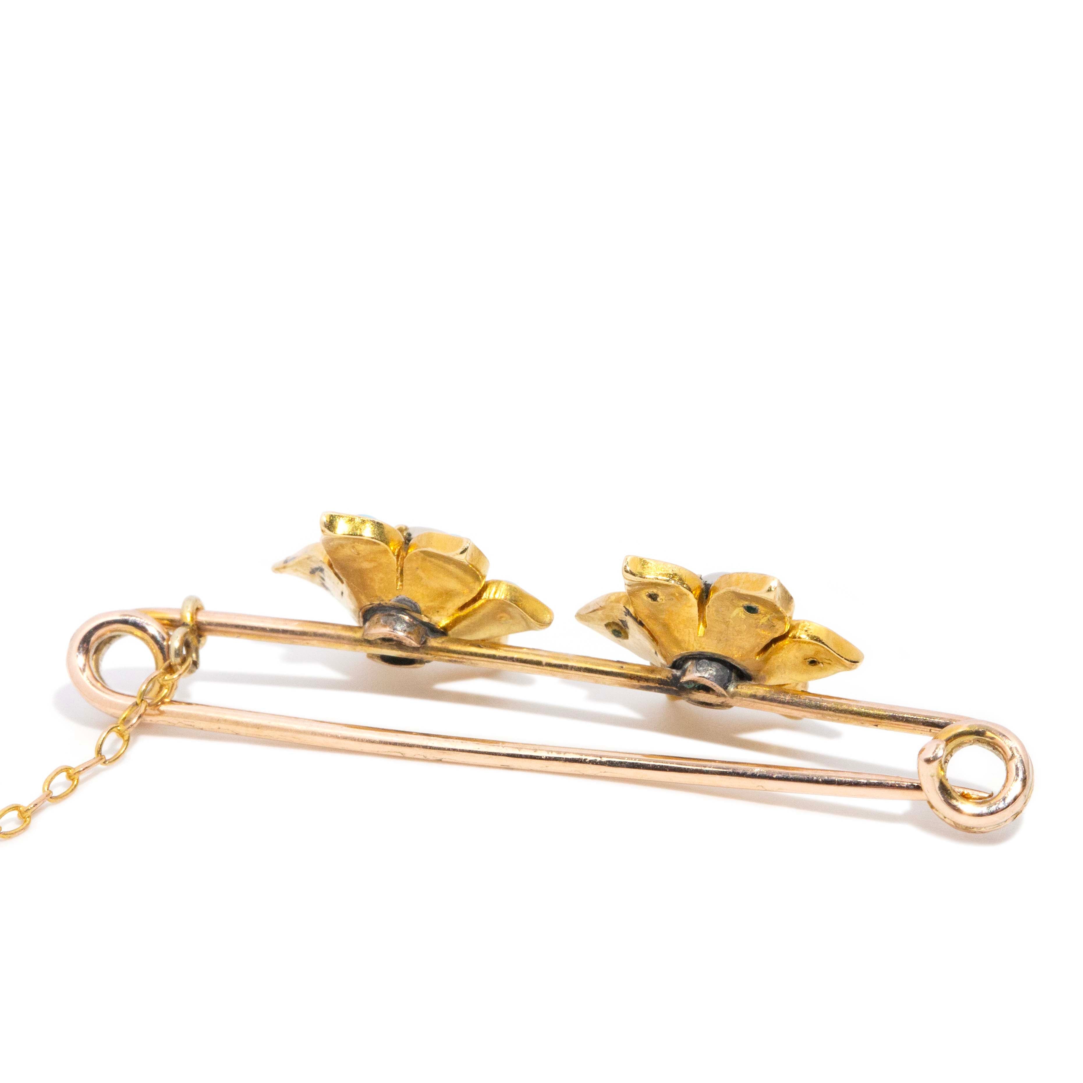 Floris Seed Edwardian Pearl & Turquoise Twin Flower Brooch 14ct Gold Brooches Imperial Jewellery 