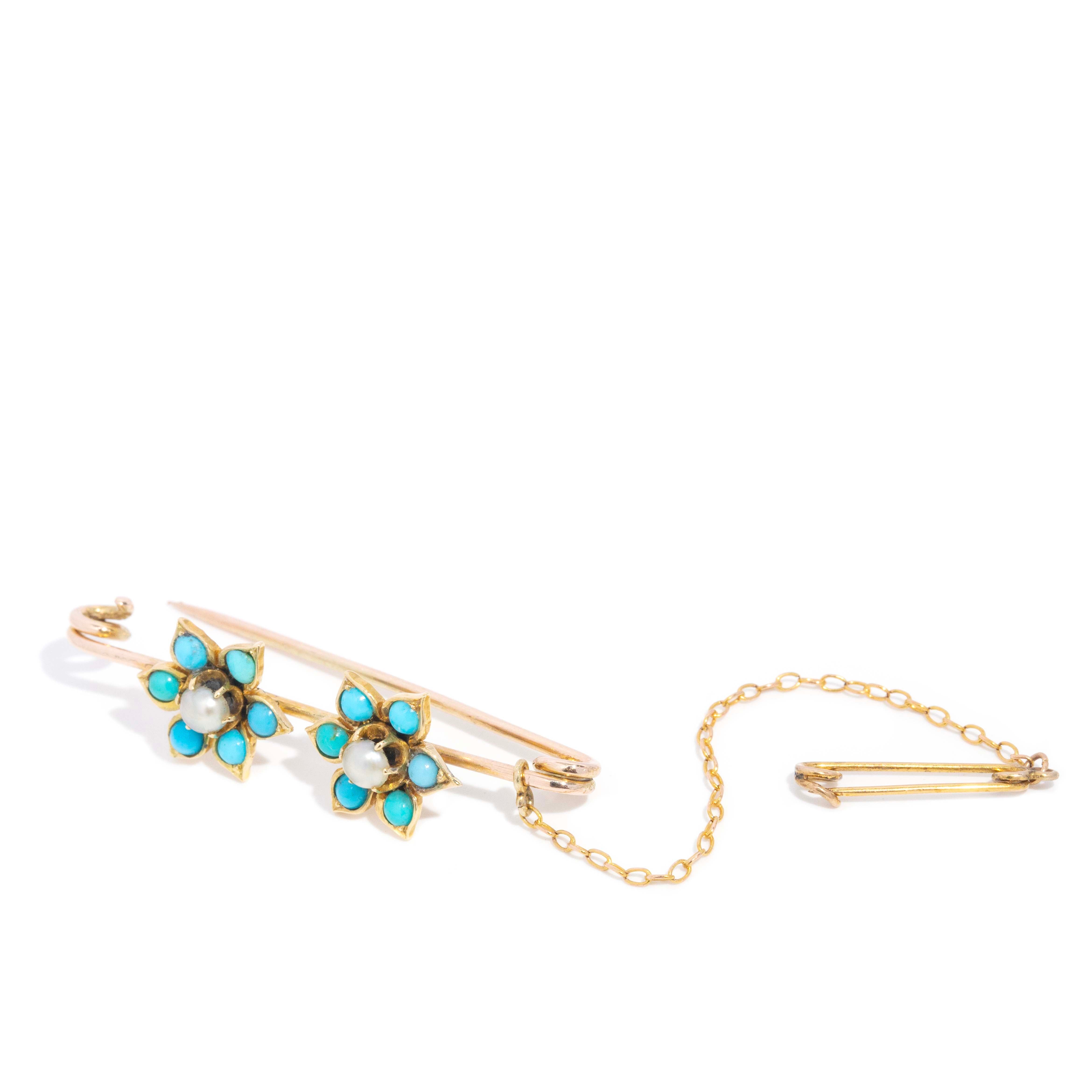 Floris Seed Edwardian Pearl & Turquoise Twin Flower Brooch 14ct Gold Brooches Imperial Jewellery 