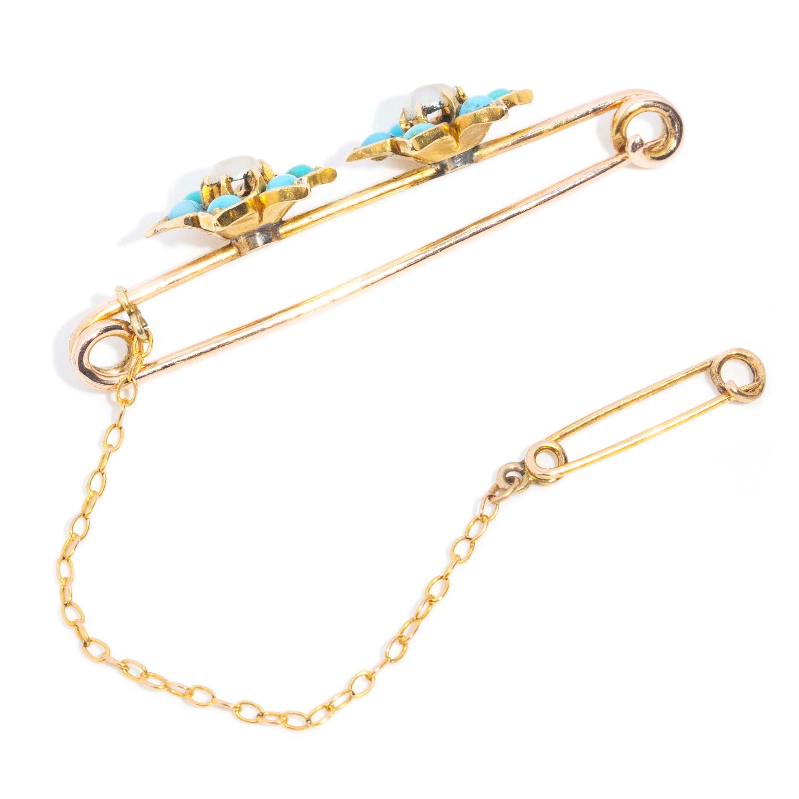 Floris Seed Edwardian Pearl & Turquoise Twin Flower Brooch 14ct Gold Brooches Imperial Jewellery 