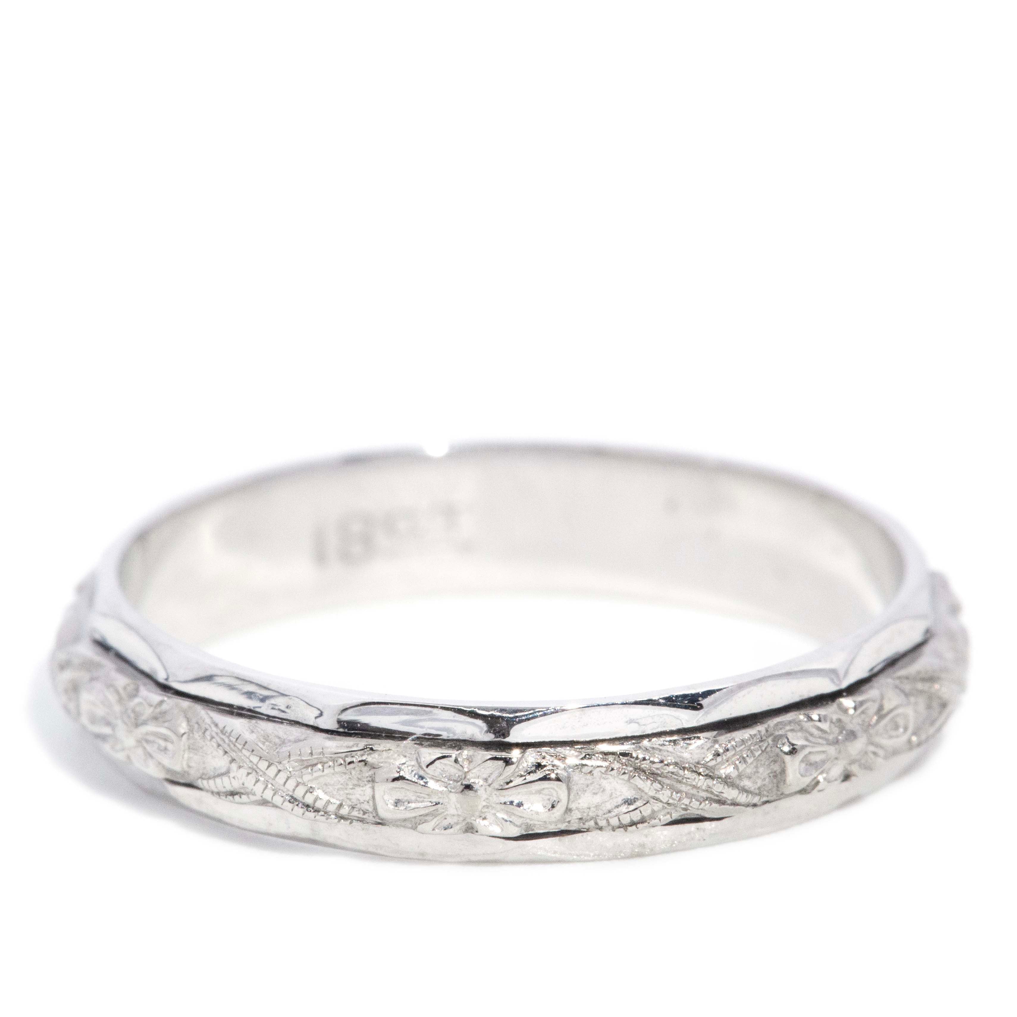 Freda 1960s Repoussé Floral Band 18ct White Gold Rings Imperial Jewellery 