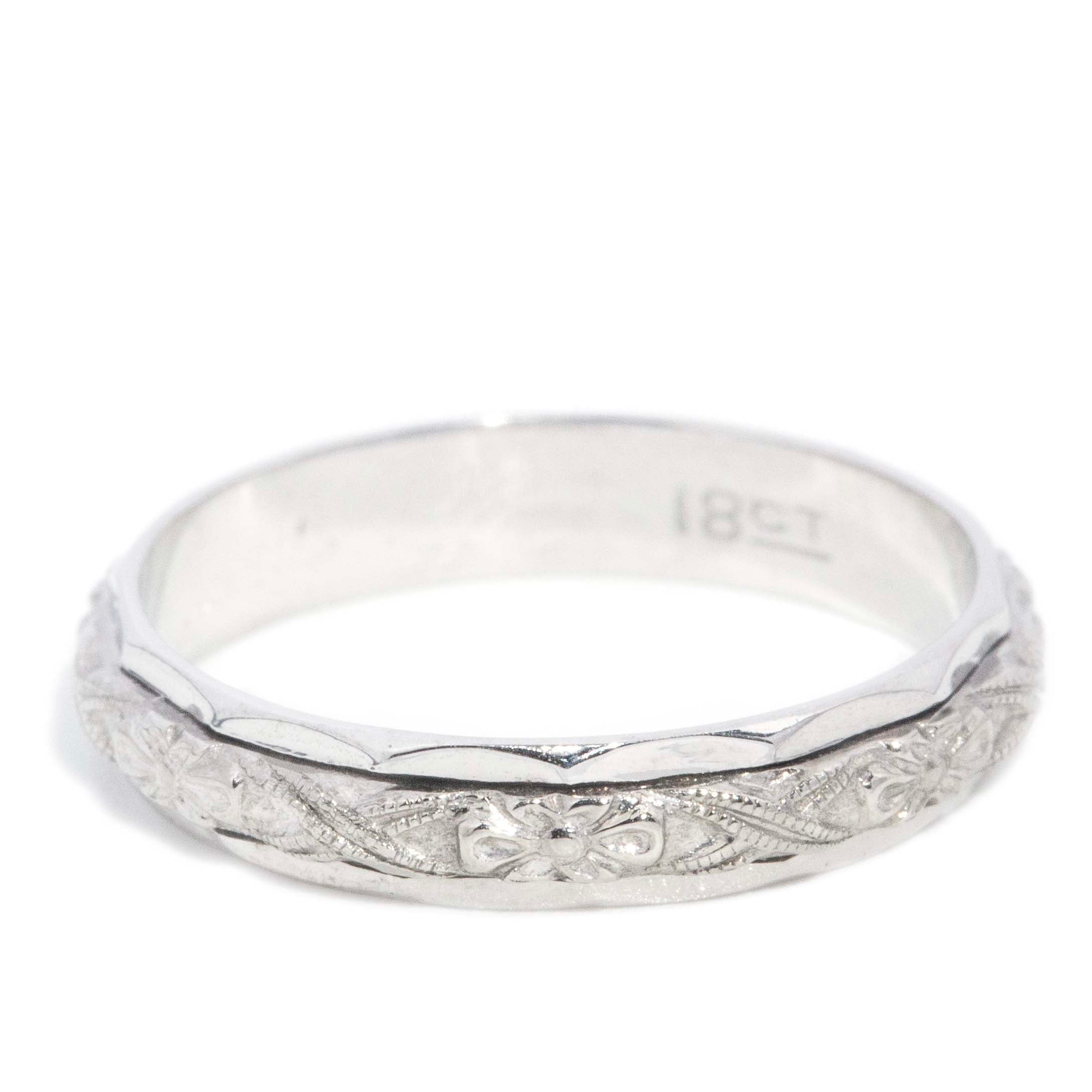 Freda 1960s Repoussé Floral Band 18ct White Gold Rings Imperial Jewellery 