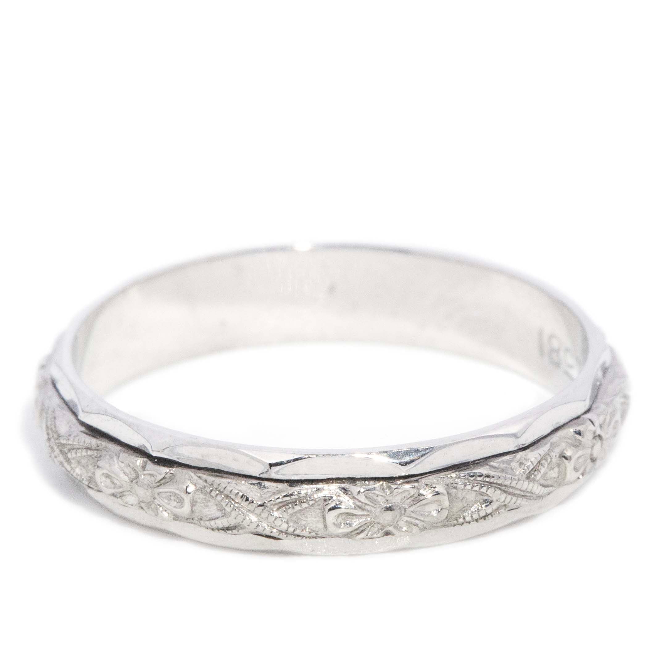 Freda 1960s Repoussé Floral Band 18ct White Gold Rings Imperial Jewellery 