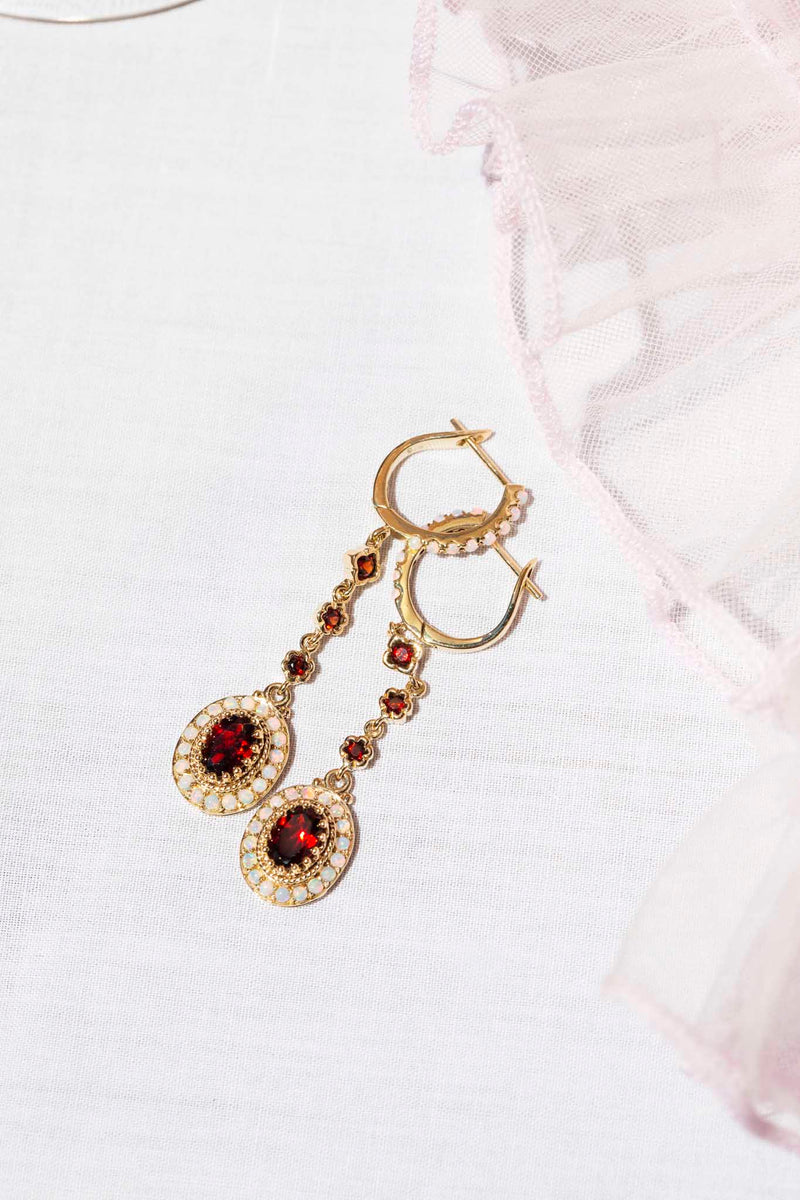 Freya Australian Opal & Garnet Drop Earrings 9ct Gold Earrings Imperial Jewellery 