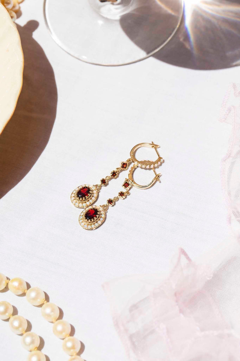 Freya Australian Opal & Garnet Drop Earrings 9ct Gold Earrings Imperial Jewellery 