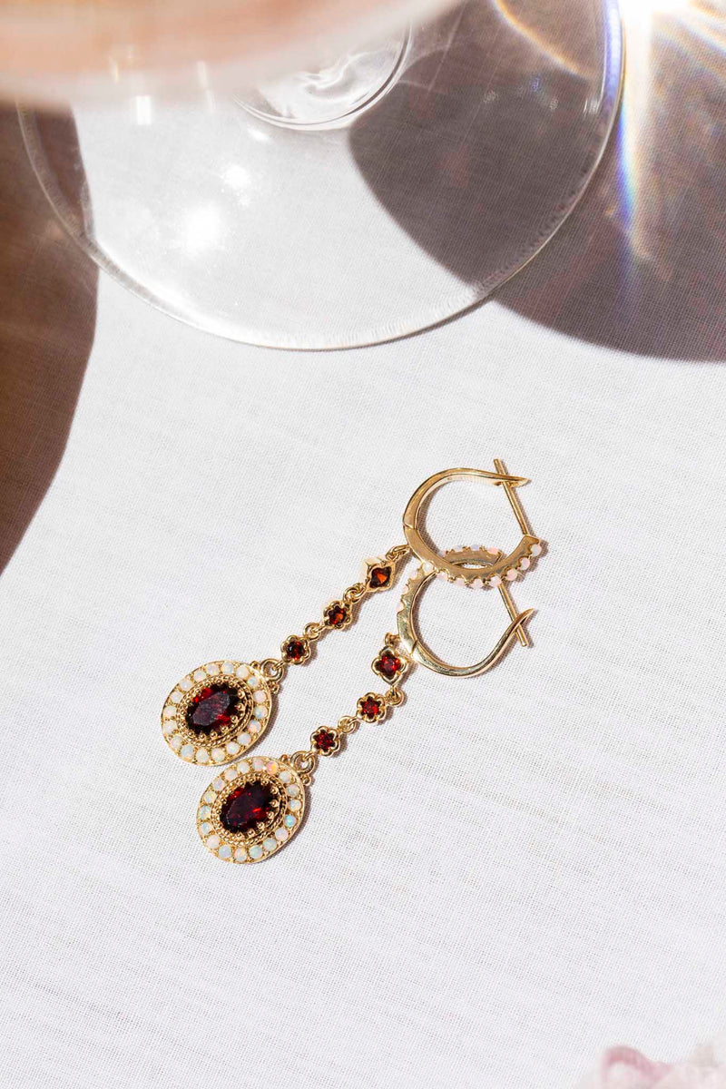 Freya Australian Opal & Garnet Drop Earrings 9ct Gold Earrings Imperial Jewellery 