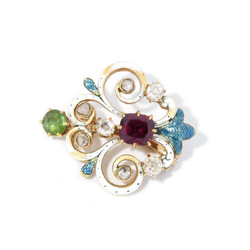 Antique Victorian Rhodolite Tourmaline & Diamond Brooch 18 Carat Gold