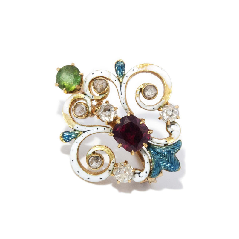 Antique Victorian Rhodolite Tourmaline & Diamond Brooch 18 Carat Gold