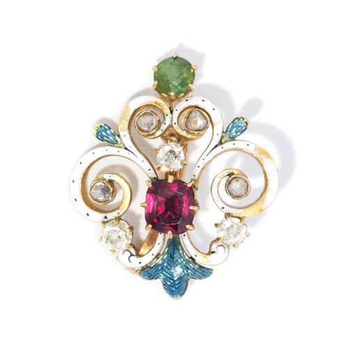 Gemma Victorian Rhodolite & Diamond Brooch 18K Yellow Gold