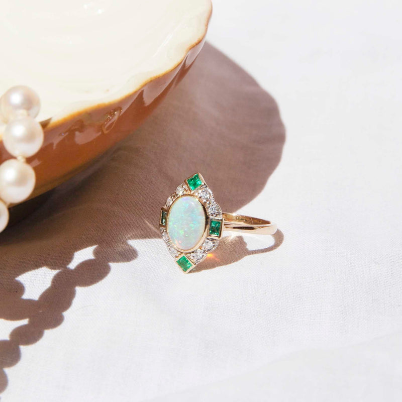 Gene Opal Emerald & Diamond Ring 14ct Gold Rings Imperial Jewellery 