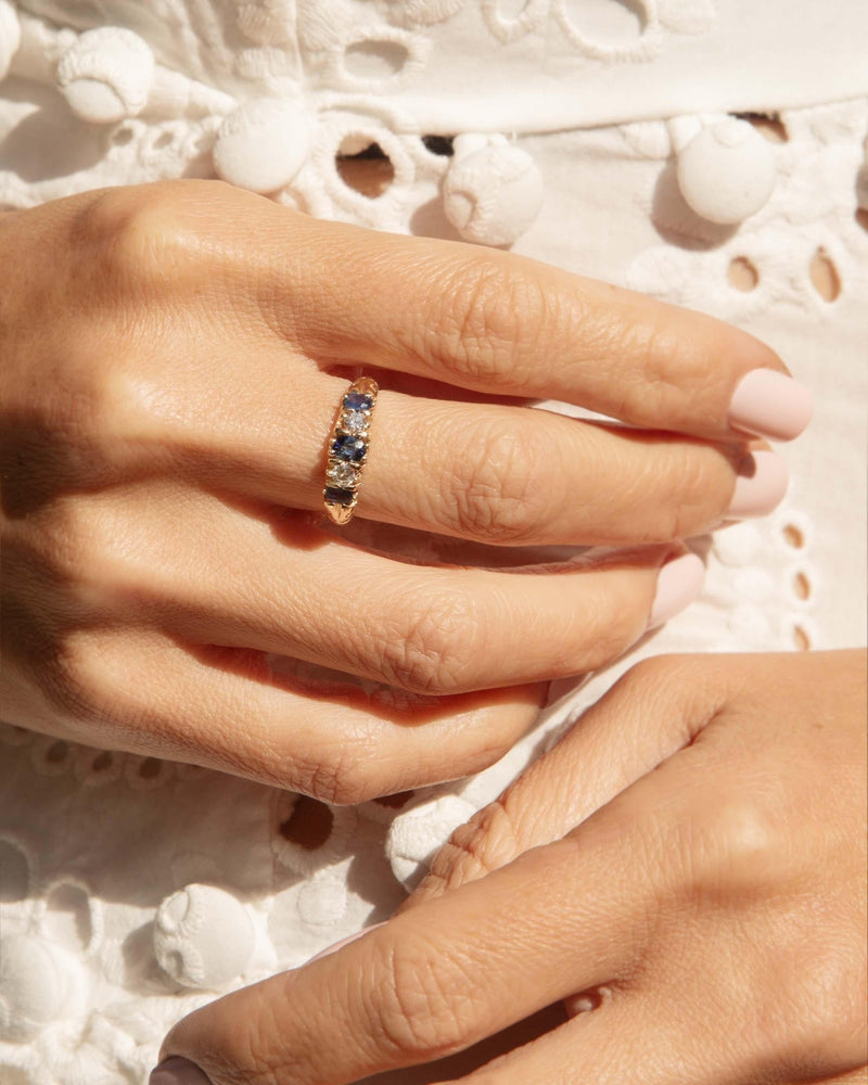 Vintage Circa 1980s Sapphire & Diamond London Bridge Ring 9 Carat Gold