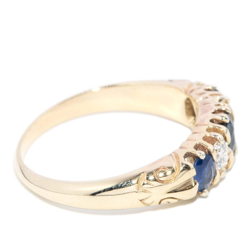 Vintage Circa 1980s Sapphire & Diamond London Bridge Ring 9 Carat Gold