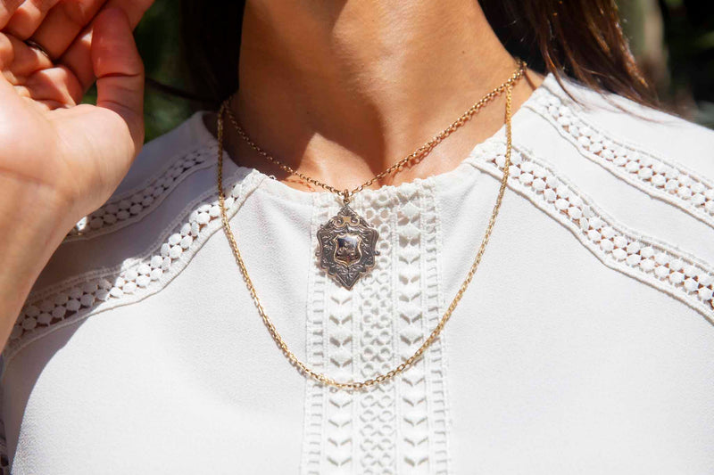 Geraldine Antique 1908 Shield Pendant & Vintage Chain 9ct Gold Pendants/Necklaces Imperial Jewellery 