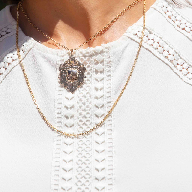 Geraldine Antique 1908 Shield Pendant & Vintage Chain 9ct Gold Pendants/Necklaces Imperial Jewellery 