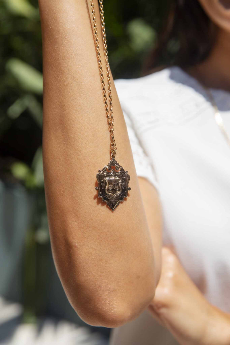 Geraldine Antique 1908 Shield Pendant & Vintage Chain 9ct Gold Pendants/Necklaces Imperial Jewellery 