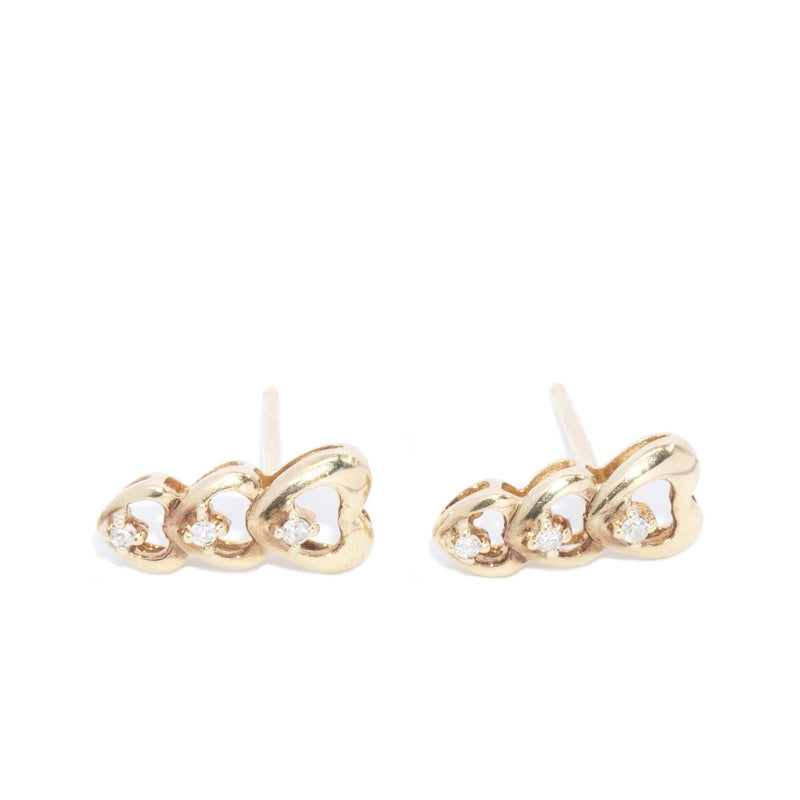 Vintage Circa 1990s Diamond Heart Trinity Studs 10 Carat Yellow Gold