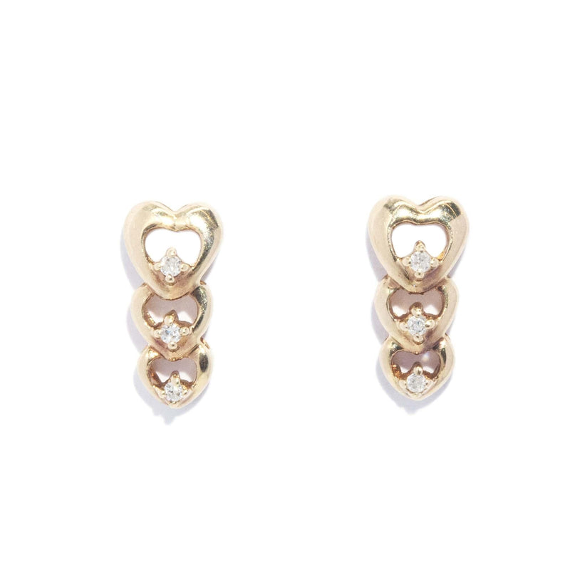 Vintage Circa 1990s Diamond Heart Trinity Studs 10 Carat Yellow Gold