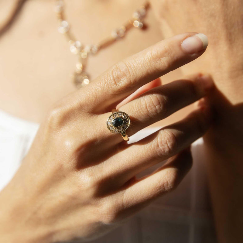 Gigi 1990s Teal Sapphire & Diamond Ring 18ct Gold