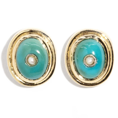 Gina Turquoise & Seed Pearl Stud Earrings 9K Yellow Gold