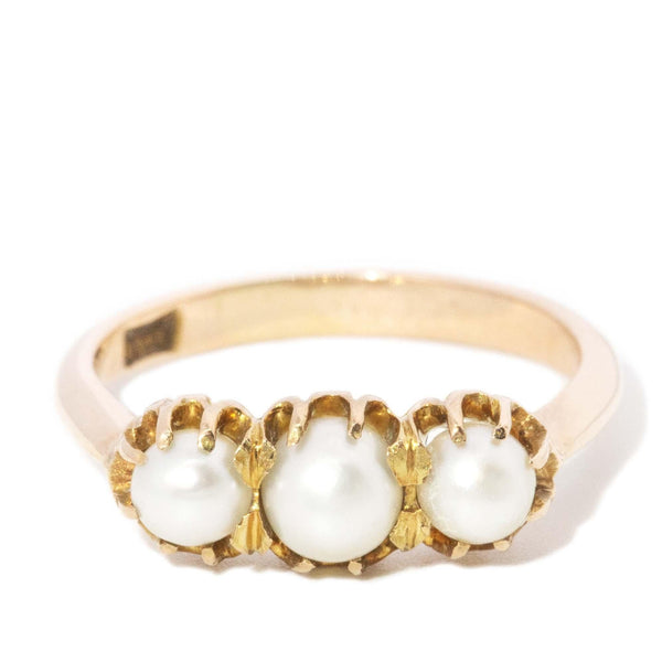 Vintage Circa 1930s Antique Pearl Three Stone Ring 15 Carat Gold