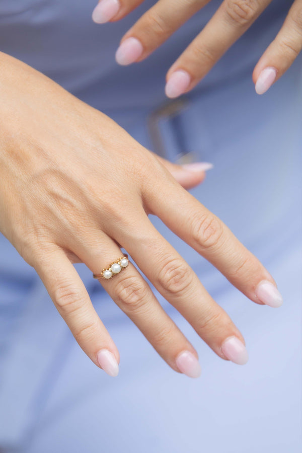 Vintage Circa 1930s Antique Pearl Three Stone Ring 15 Carat Gold