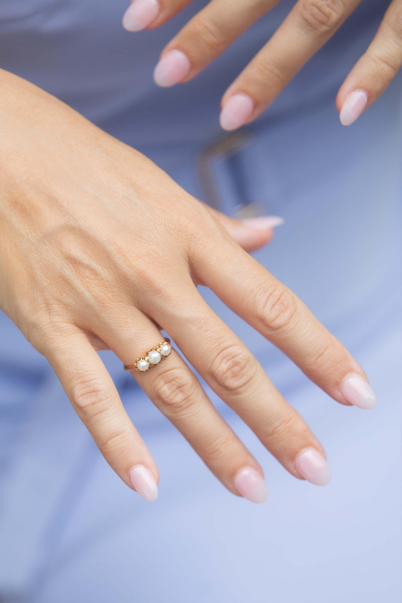 Vintage Circa 1930s Antique Pearl Three Stone Ring 15 Carat Gold