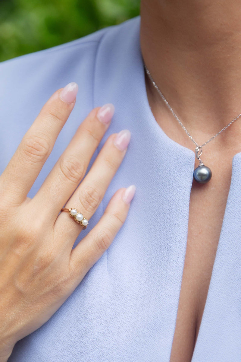Vintage Circa 1930s Antique Pearl Three Stone Ring 15 Carat Gold