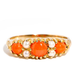 Contemporary Orange Coral Seed Pearl Ring 9 Carat Yellow Gold