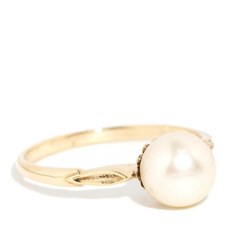 Ginnie 1950s Pearl Solitaire Ring 9ct Yellow Gold