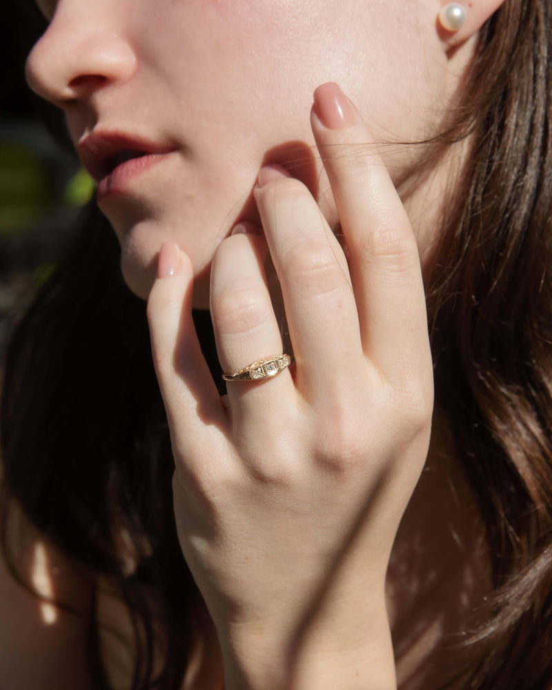 Vintage Circa 1980s Diamond Three Stone Filigree Ring 9 Carat Gold