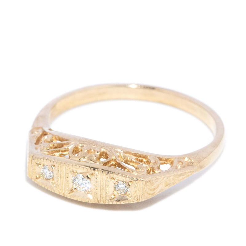Vintage Circa 1980s Diamond Three Stone Filigree Ring 9 Carat Gold