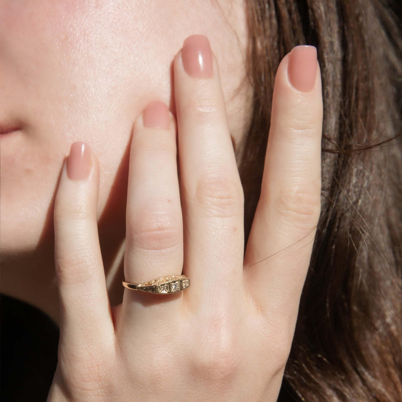 Vintage Circa 1980s Diamond Three Stone Filigree Ring 9 Carat Gold
